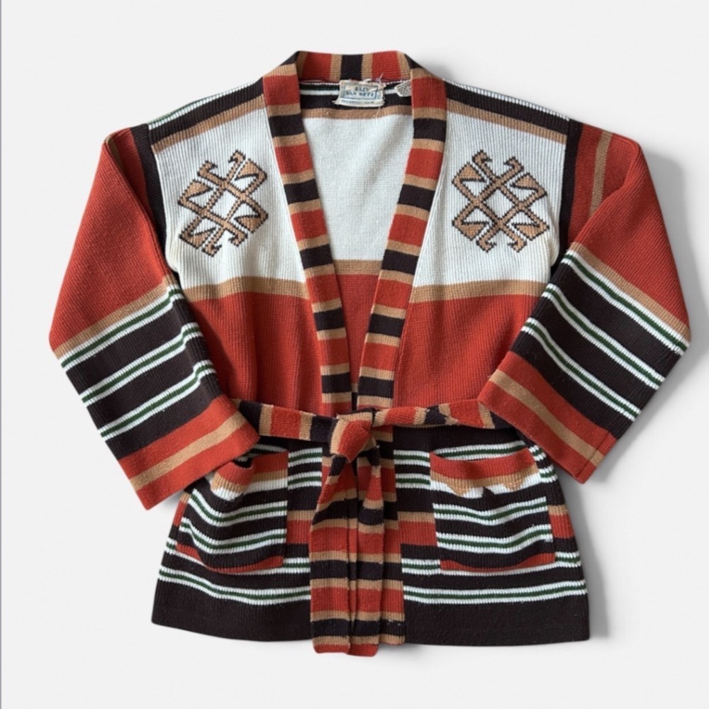 Lady Van Heff Vintage 70s Geometric Striped Belted Cardigan Sweater Orange M